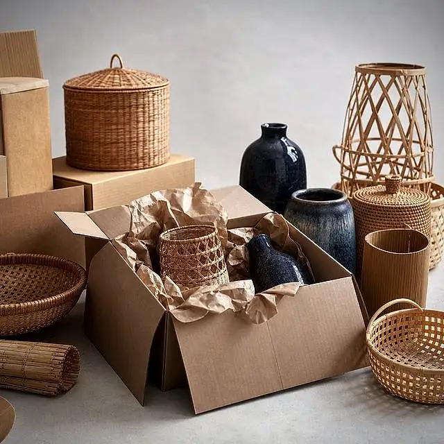 Giỏ mây, bình gốm và đồ tre thủ công đang được đóng thùng xuất khẩu
