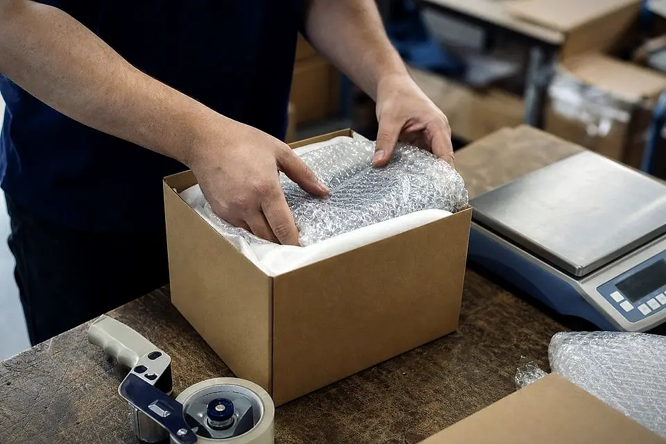 Nhân viên đóng thùng carton, chèn xốp chống sốc bên cạnh cân điện tử